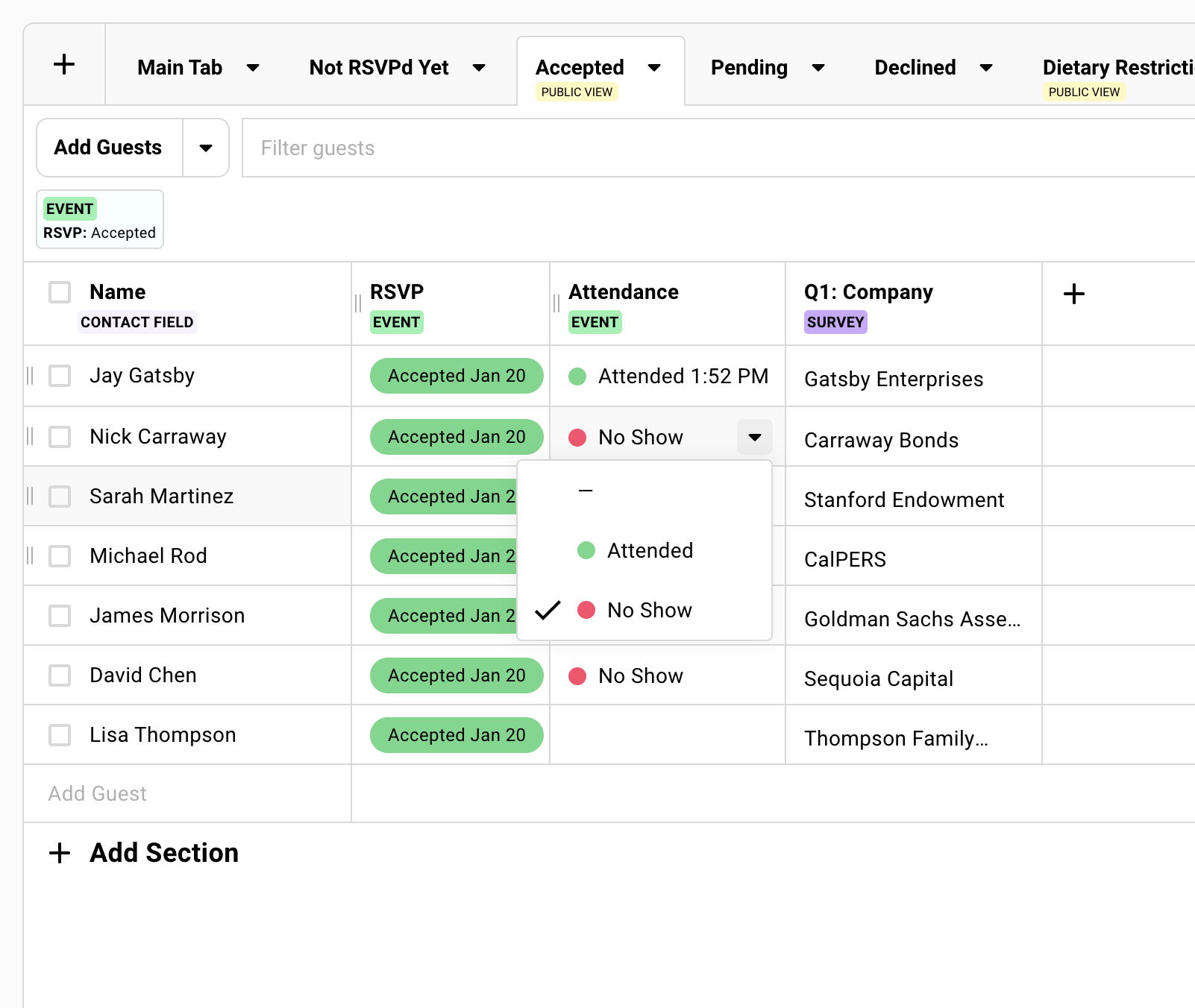 The attendance column on the guest list showing No Show and Attended options
