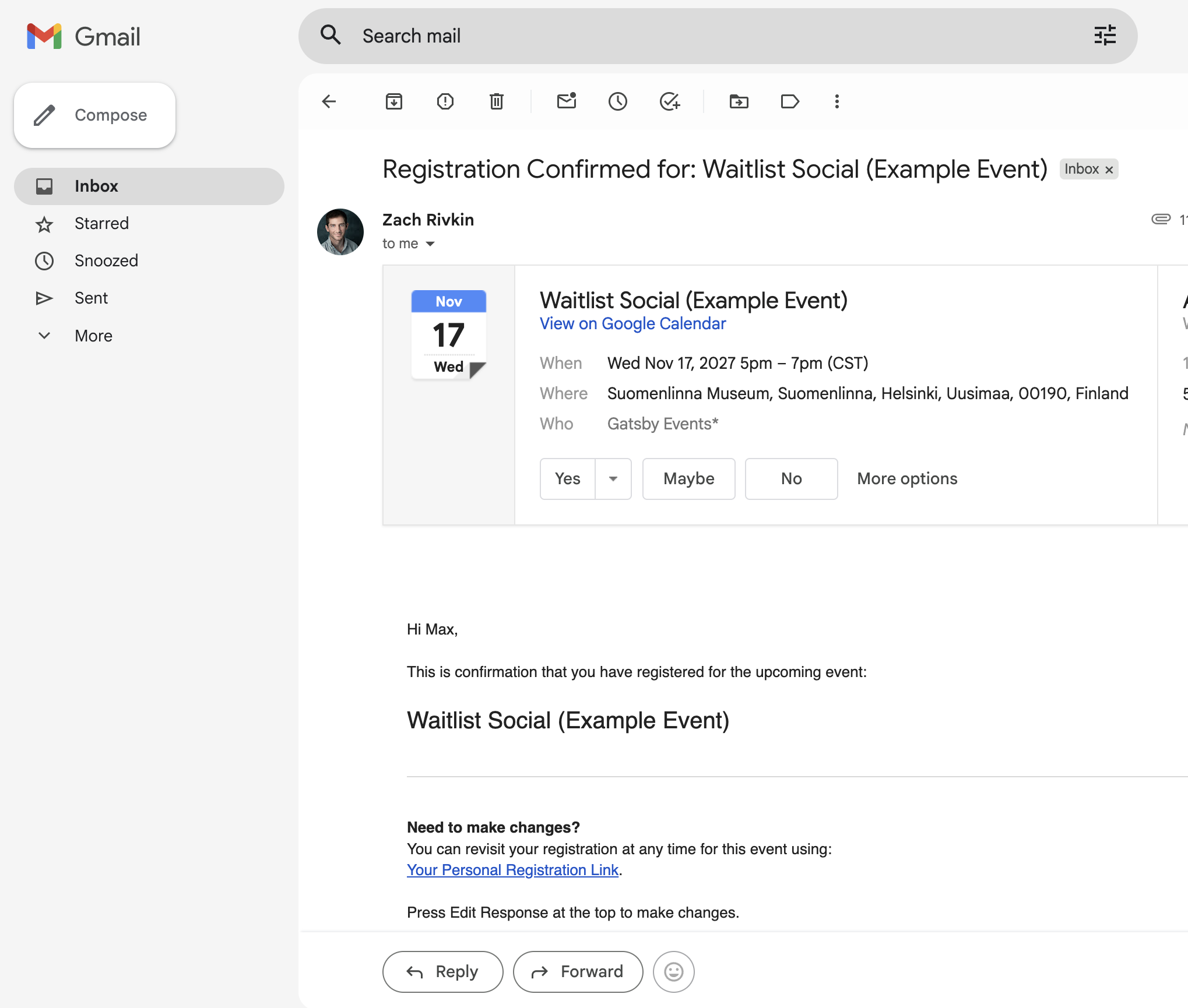 Screenshot showing the confirmation email in the inbox of Gmail